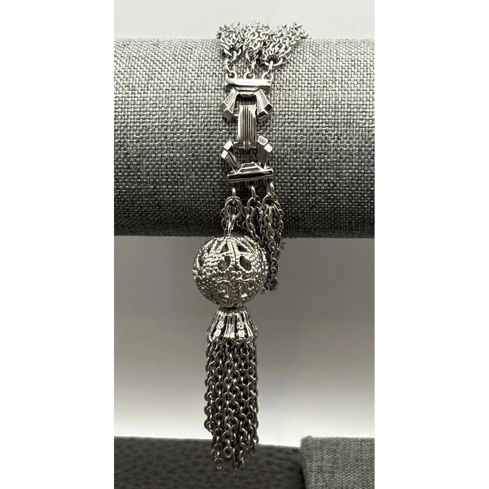 Vintage Silver Tone Multi-Strand Chain Bracelet Ornate Filigree Tassel Charm